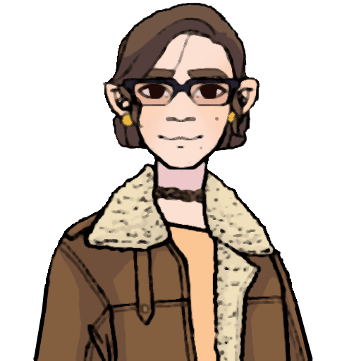Drawing of myself in a brown fluffy coat and glasses.